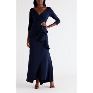 Xscape Navy Ruched Scuba Ruffle Front 3/4 Sleeve V-Neck Evening Gown Size 10